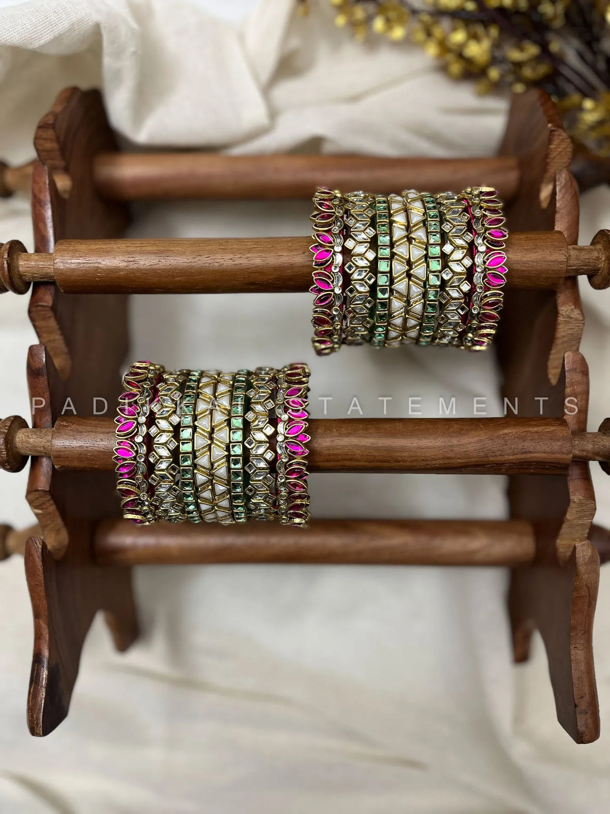 Thamarai Arasi Festive Kundan Bangle Set – Rani Pink, Mint Green, Pearl White & Antique Gold – image 2