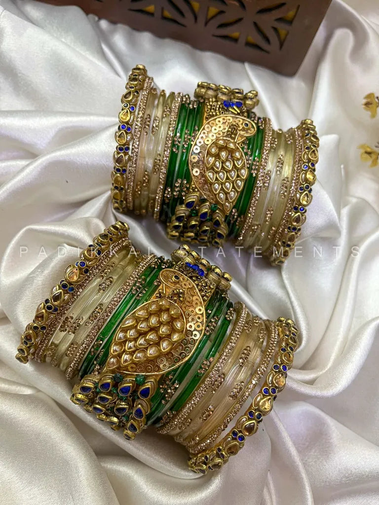 Pakshiraj Peacock Kundan Bangles – Dark Blue, Dark Green & Gold – image 2