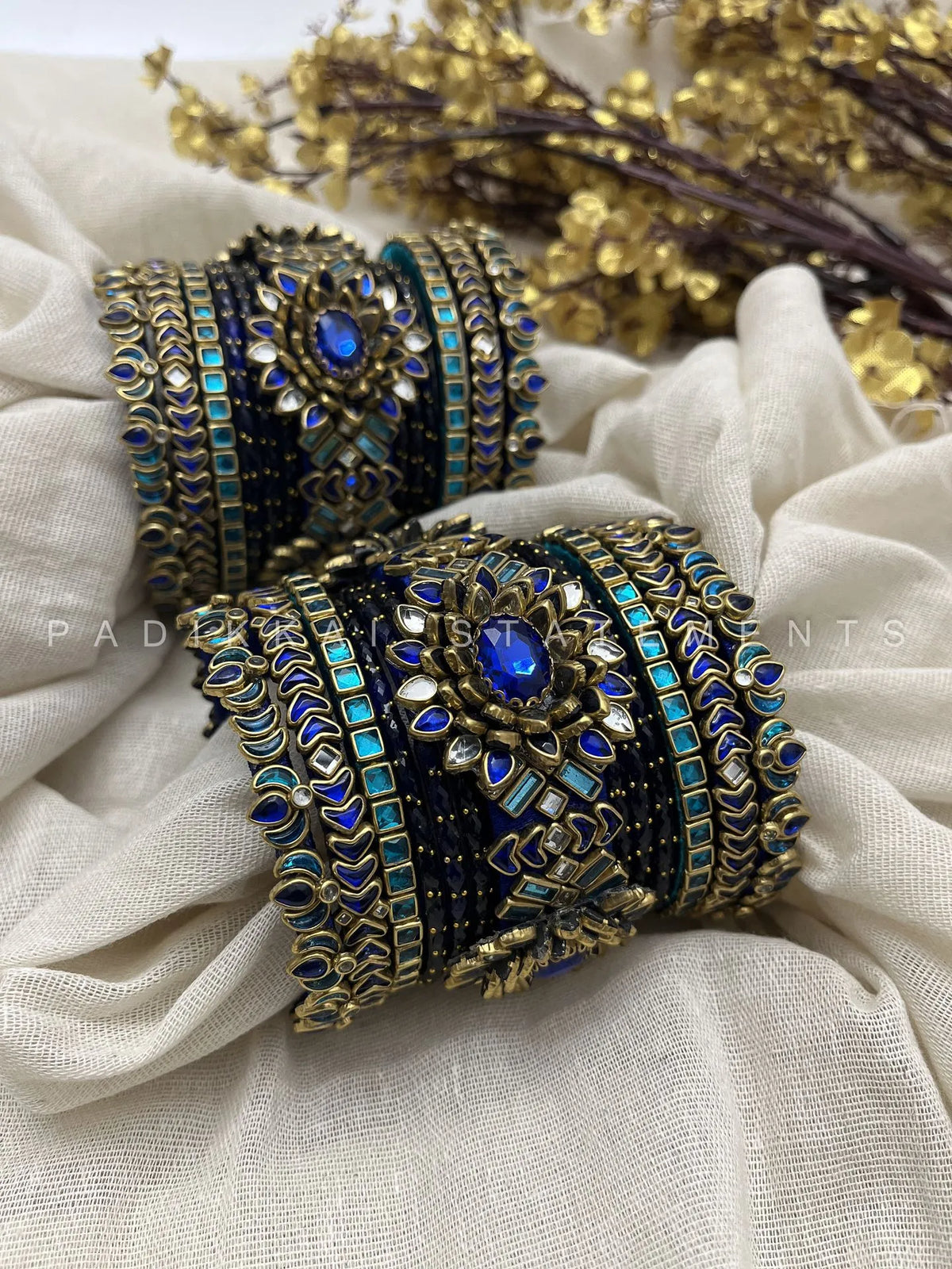 Chola Neelam Lotus Crown Kundan Bangles – Royal Blue and Peacock Blue – image 2