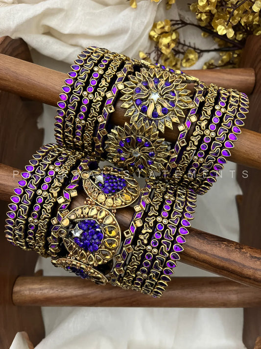 Chandra Surya Aura Bridal Kundan Set - Royal Purple and Antique Gold