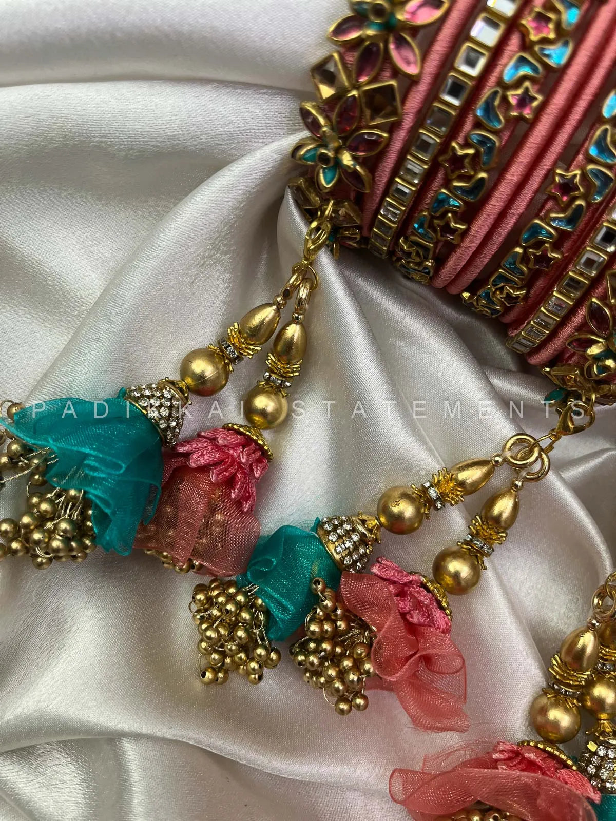 Leela Mayura Latkan Kundan Bangle Set – Rose Pink, Turquoise Blue and Antique Gold – image 5