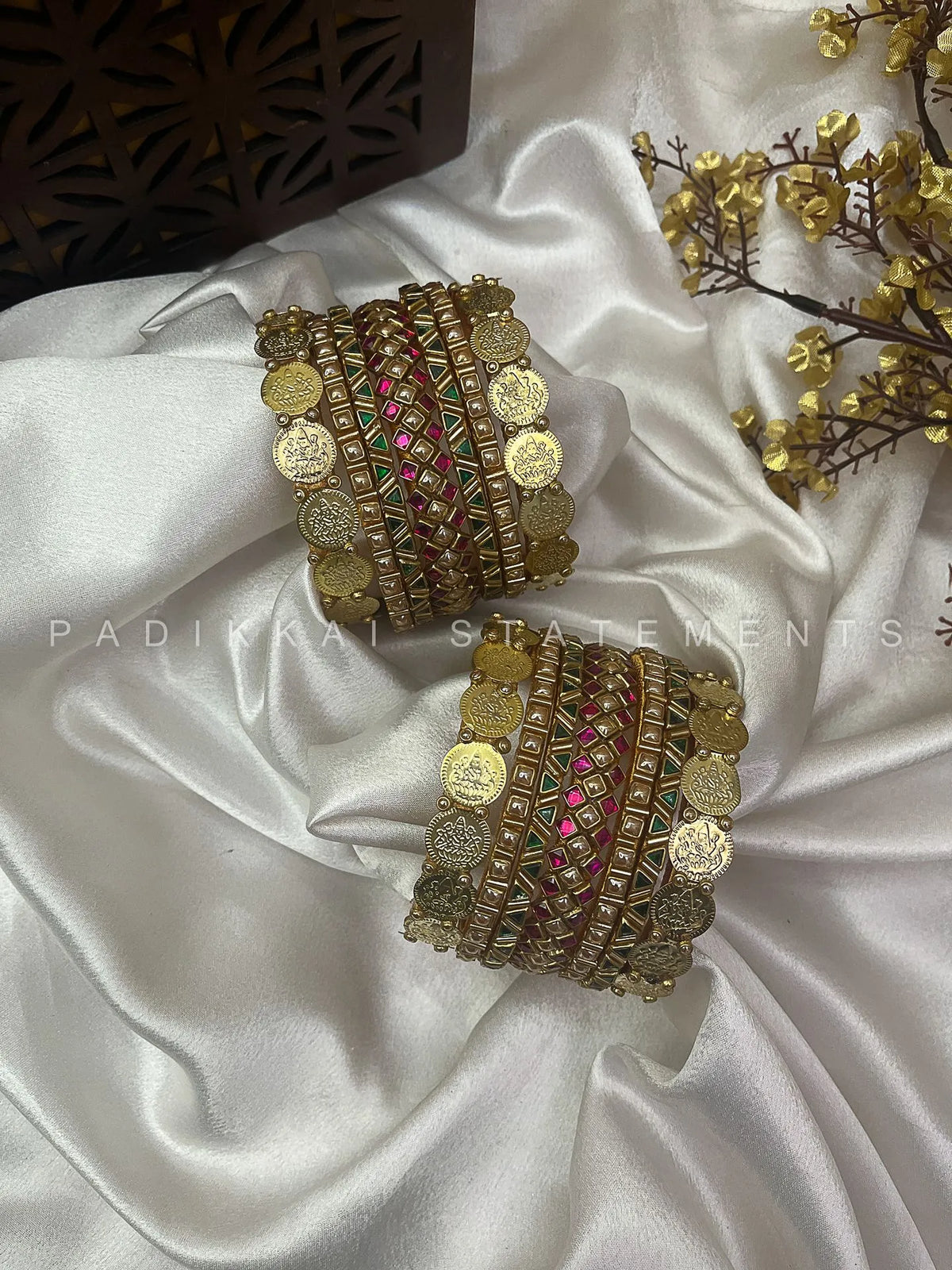 Royal Lakshmi Coin Bangle Set – Rani Pink and Dark Green – image 2