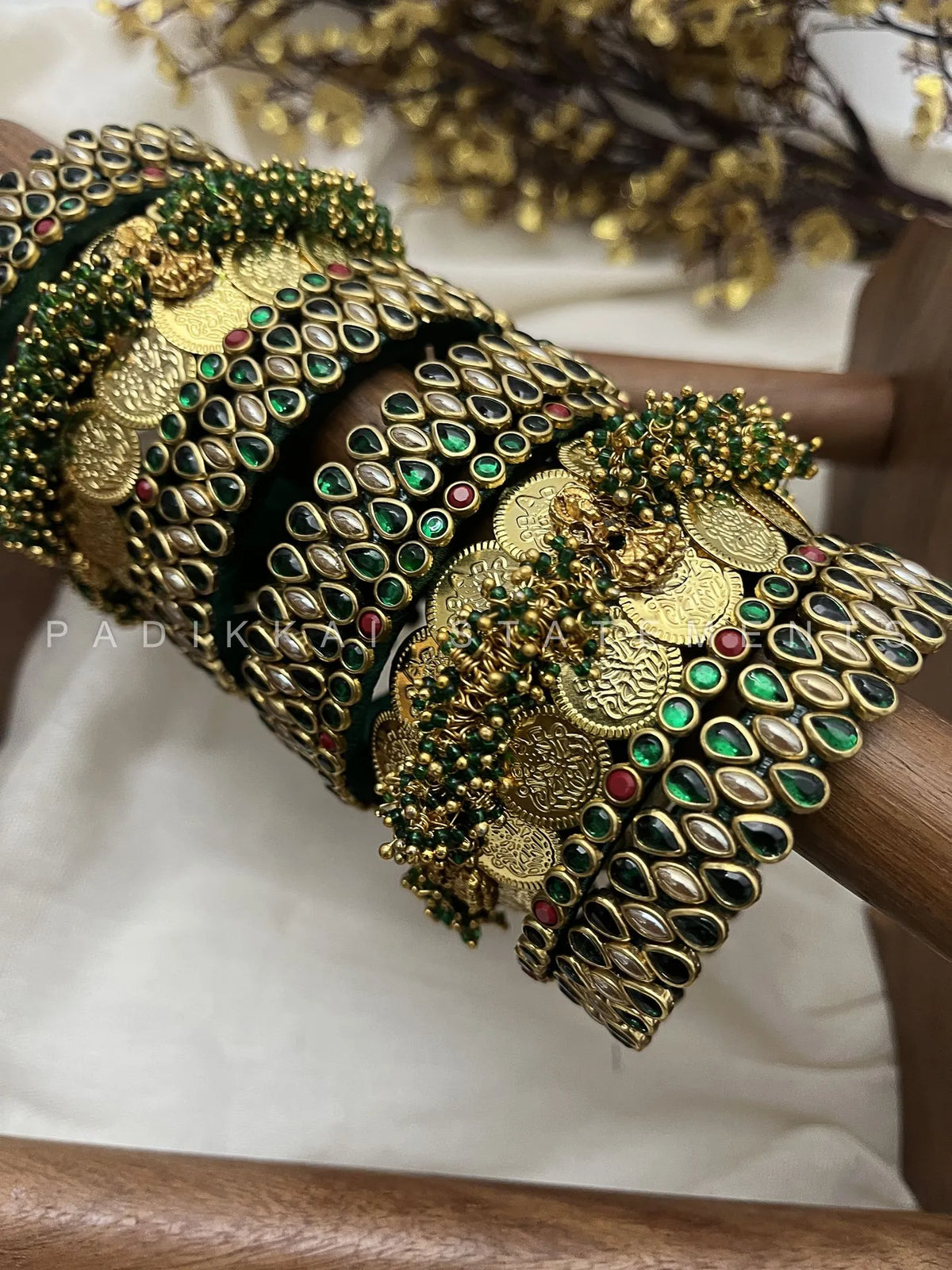 Shree Valli Kundan Bridal Set – Emerald Green, Maroon and Pearl Gold – image 2