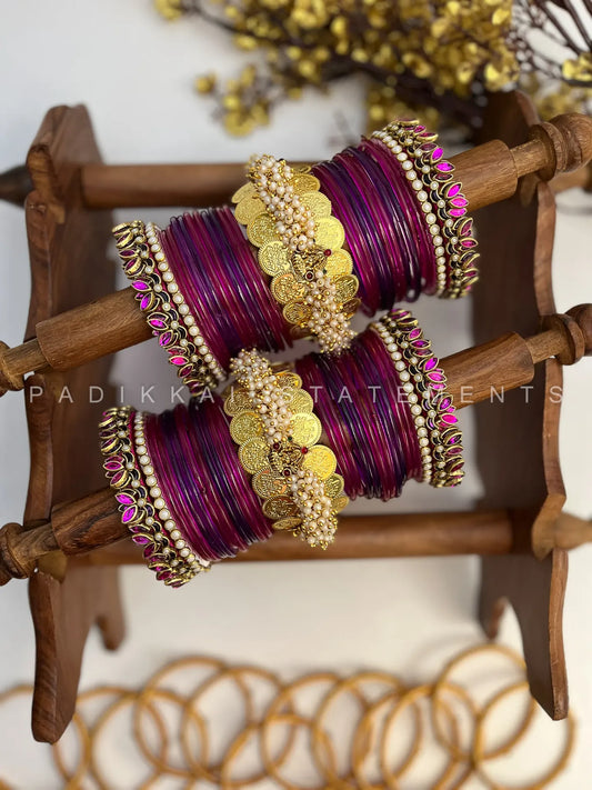 Varnika Lotus Coin Bridal Kundan Bangle Set – Magenta Pink, Purple & Antique Gold