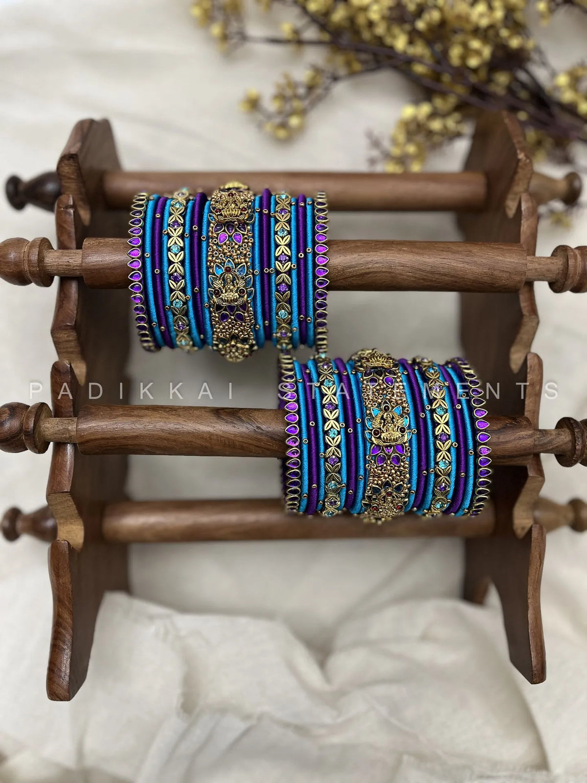 Antique Padmaraga Lakshmi Kundan Bangle Set – Peacock Blue, Royal Purple & Antique Gold – image 2
