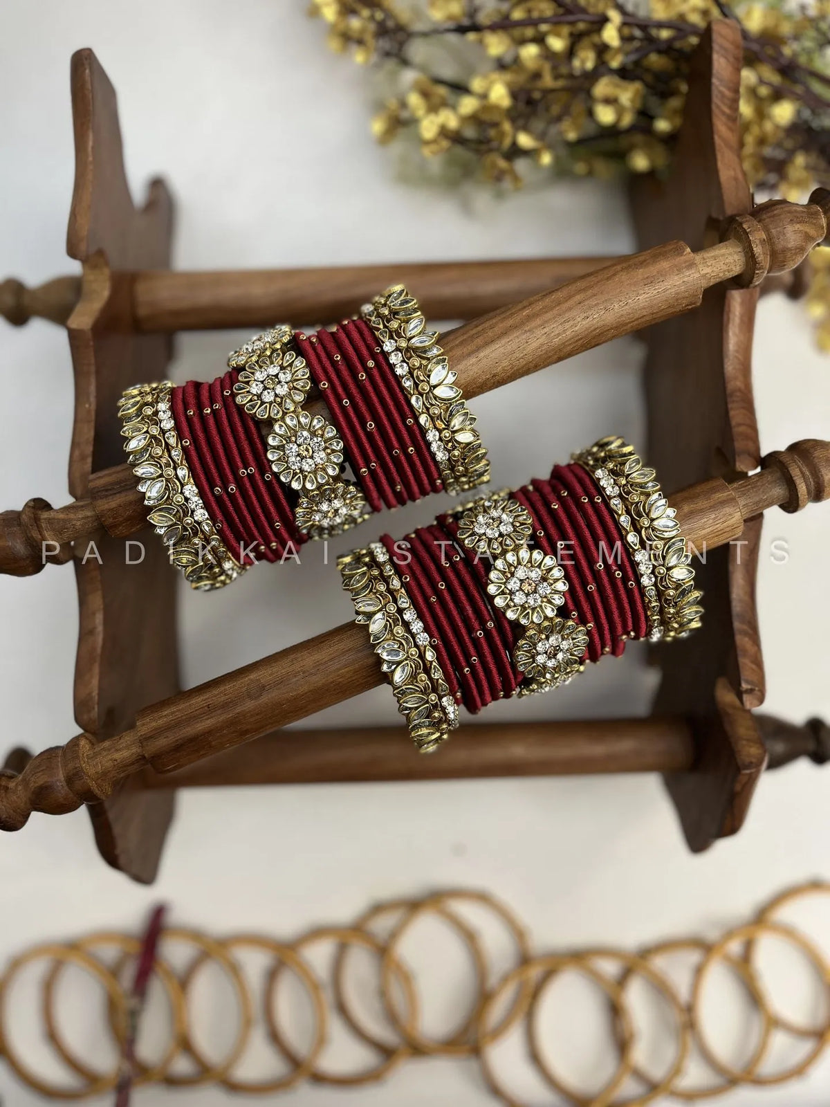 Madhurima Pushpa Kundan Bangle Set – Deep Maroon, Mirror White & Antique Gold – image 2