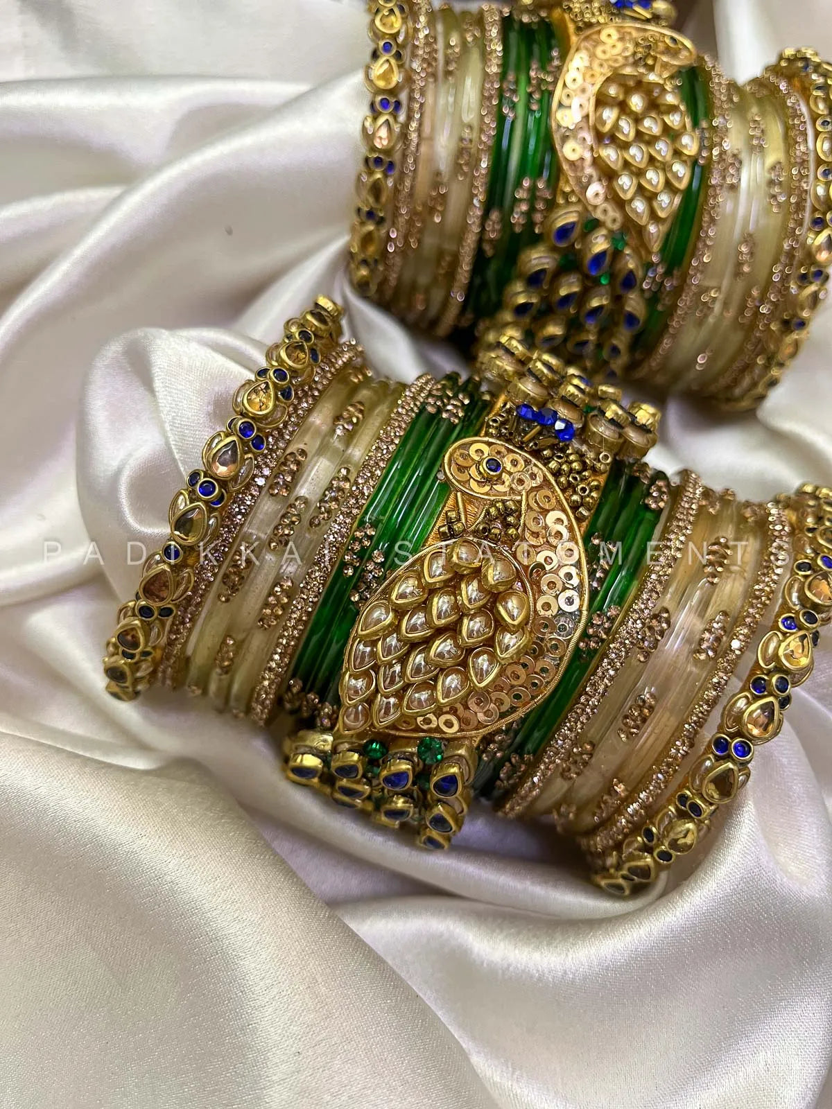 Pakshiraj Peacock Kundan Bangles – Dark Blue, Dark Green & Gold