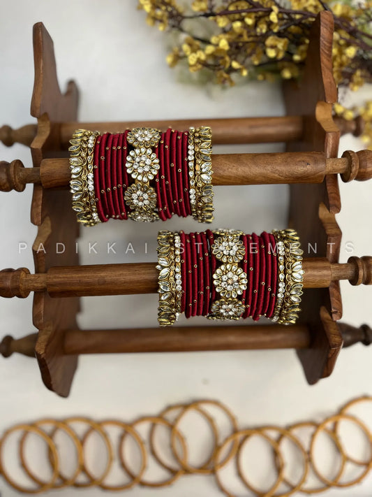 Madhurima Pushpa Kundan Bangle Set – Deep Maroon, Mirror White & Antique Gold