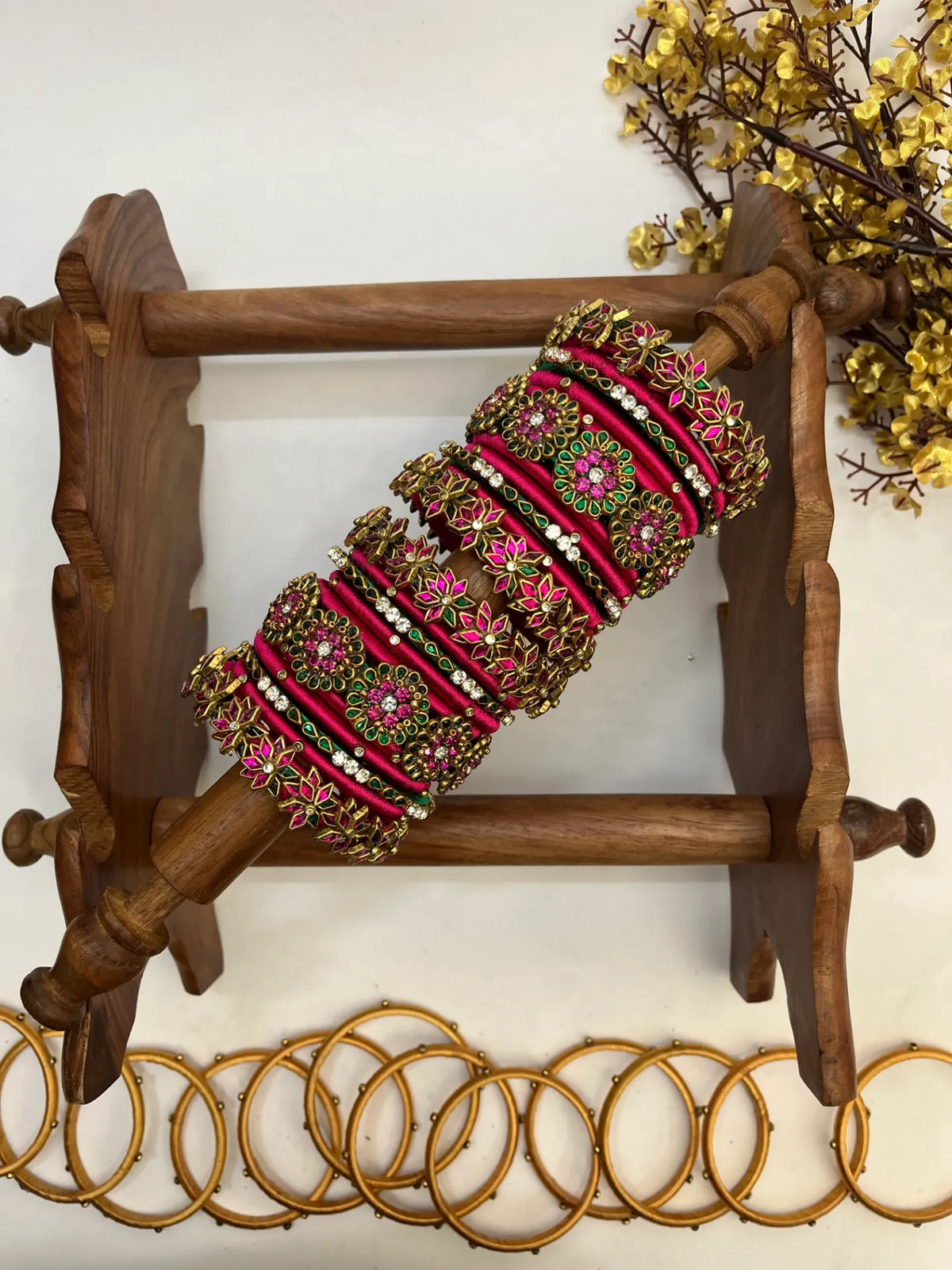 Pushkara Rani Floral Kundan Bangle Set | Rani Pink and Emerald Green