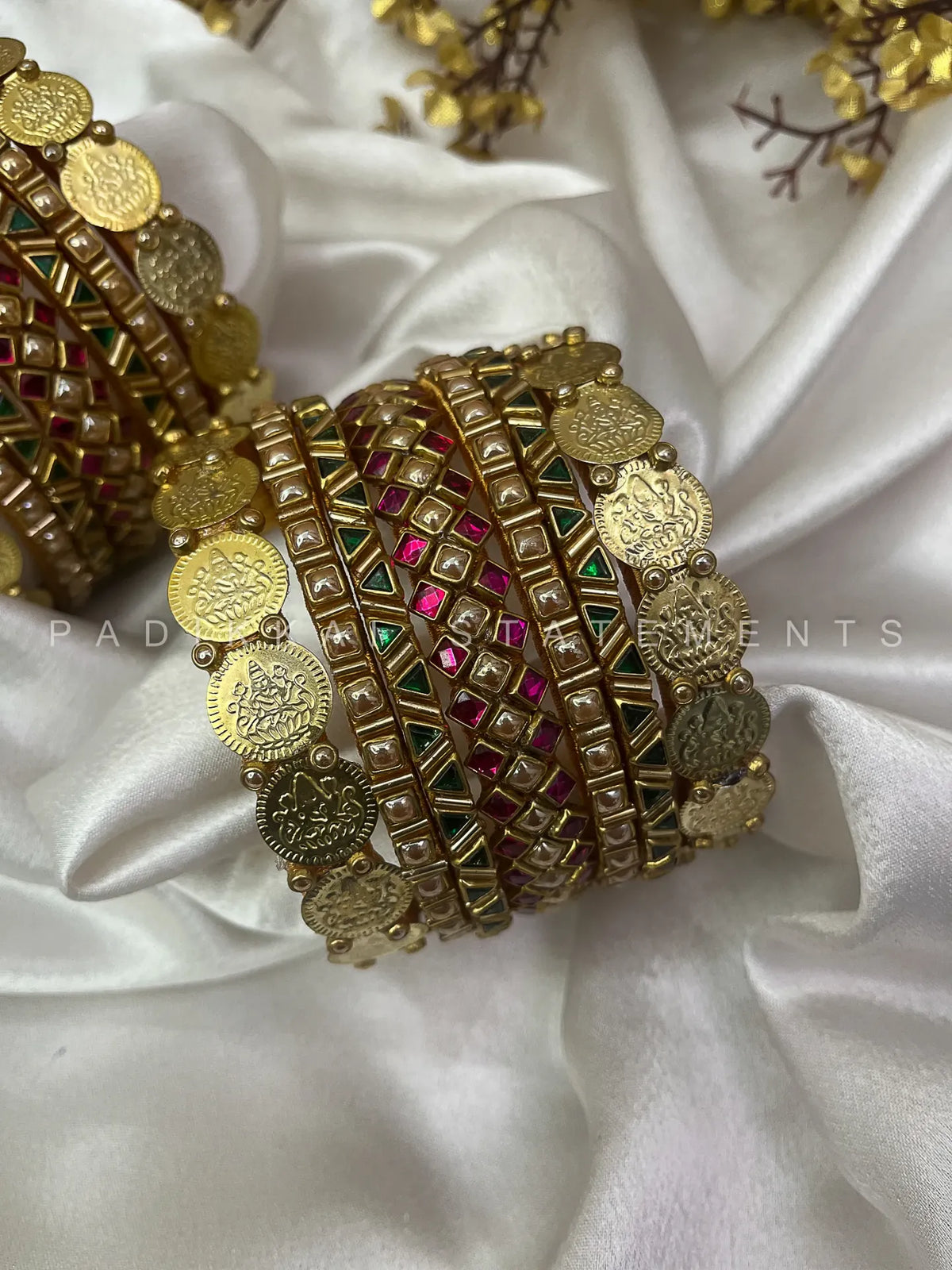 Royal Lakshmi Coin Bangle Set – Rani Pink and Dark Green