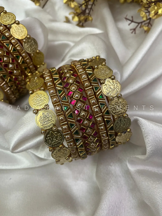 Royal Lakshmi Coin Bangle Set – Rani Pink and Dark Green