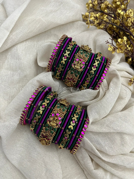 Antique Padmaraga Lakshmi Kundan Bangle Set – Magenta Pink, Peacock Green & Antique Gold