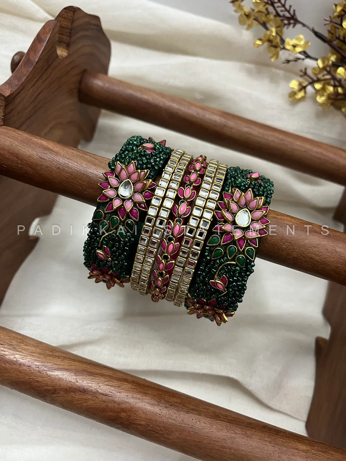 Aaradhya Lotus Kundan Festive Set – Pastel Pink and Emerald Green