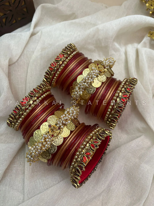 Varnika Lotus Coin Bridal Kundan Bangle Set – Ruby Red, Copper Gold & Antique Gold – image 3