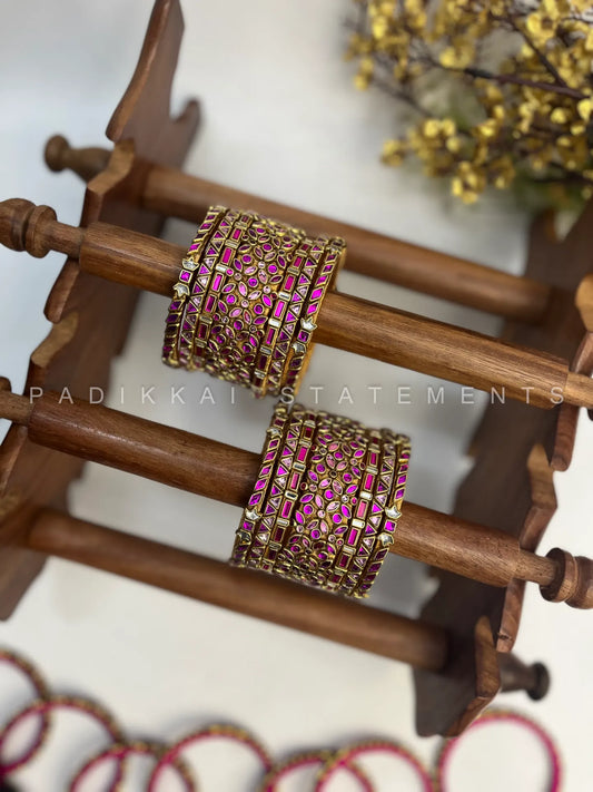 Mrinalini Festive Kundan Bangles – Rani Pink, Baby Pink and Gold