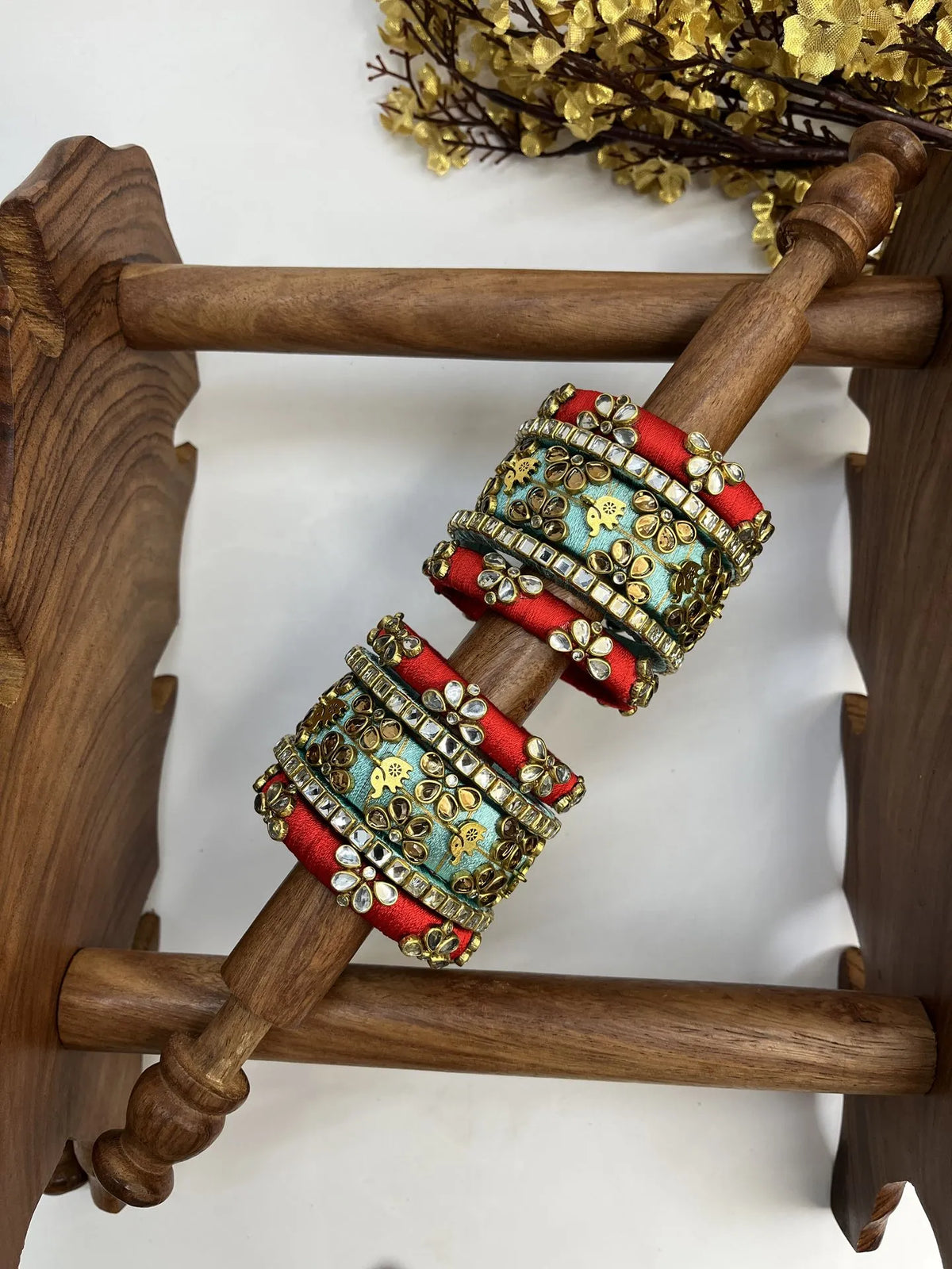 Gaja Motif Kundan Bangle Set | Bridesmaid – Crimson Red & Ocean Blue – image 2