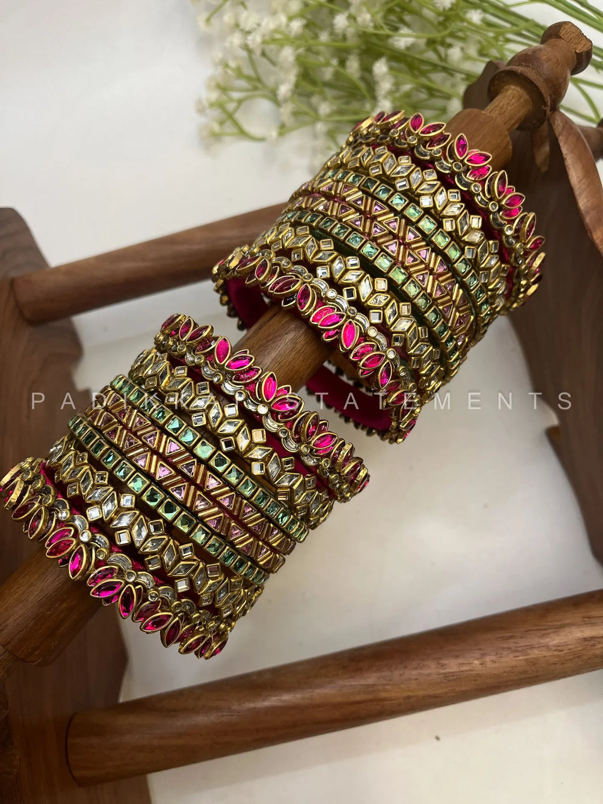 Thamarai Padmika Festive Kundan Bangle Set – Rani Pink, Mint Green, Baby Pink & Antique Gold – image 3