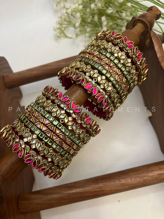Thamarai Padmika Festive Kundan Bangle Set – Rani Pink, Mint Green, Baby Pink & Antique Gold – image 3