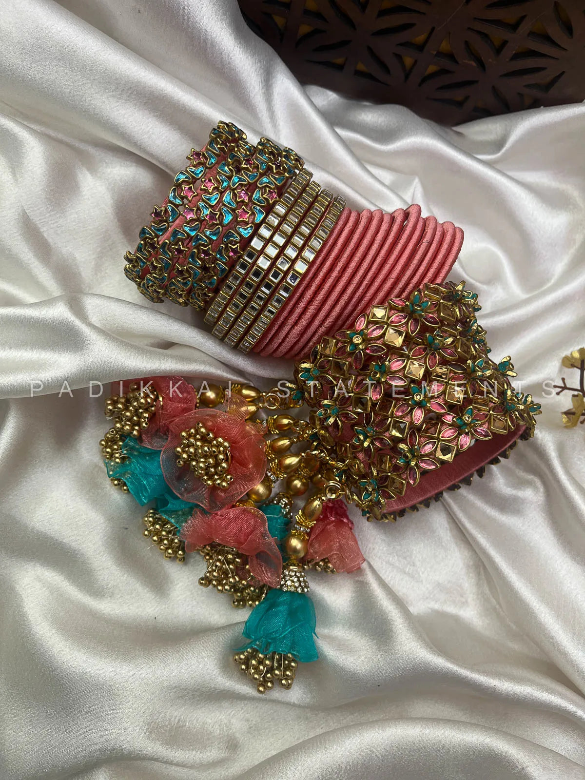 Leela Mayura Latkan Kundan Bangle Set – Rose Pink, Turquoise Blue and Antique Gold – image 4