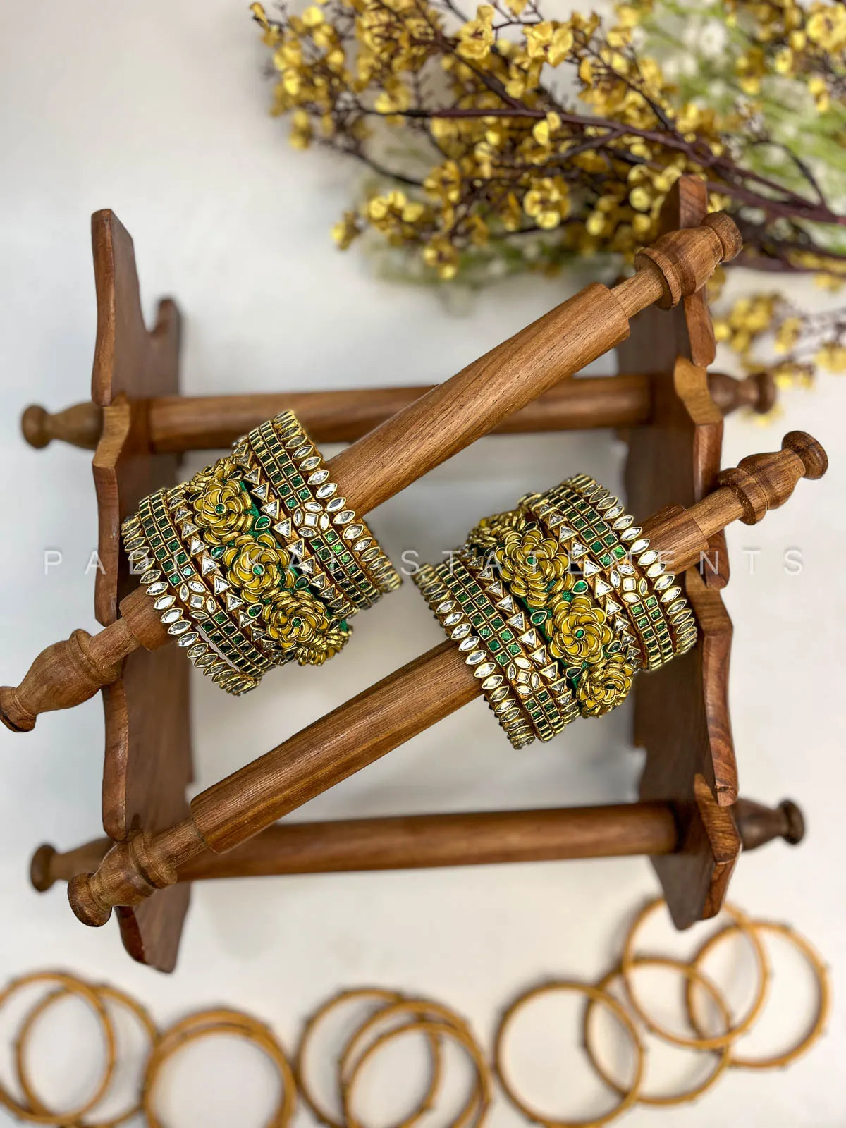 Manvika Floral Kundan Bangle Set – Dark Green, Yellow and Gold