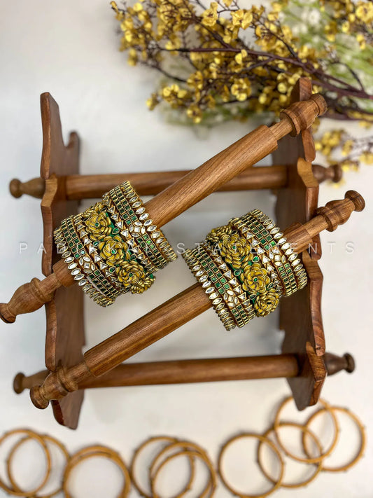 Manvika Floral Kundan Bangle Set – Dark Green, Yellow and Gold