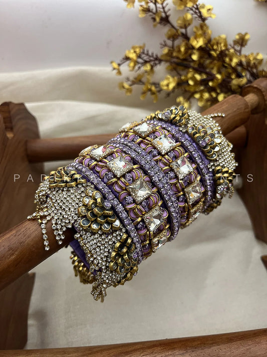 Aabha Lilac Kundan Bangle Set – Lavender Lilac, Mirror White and Antique Gold – image 3