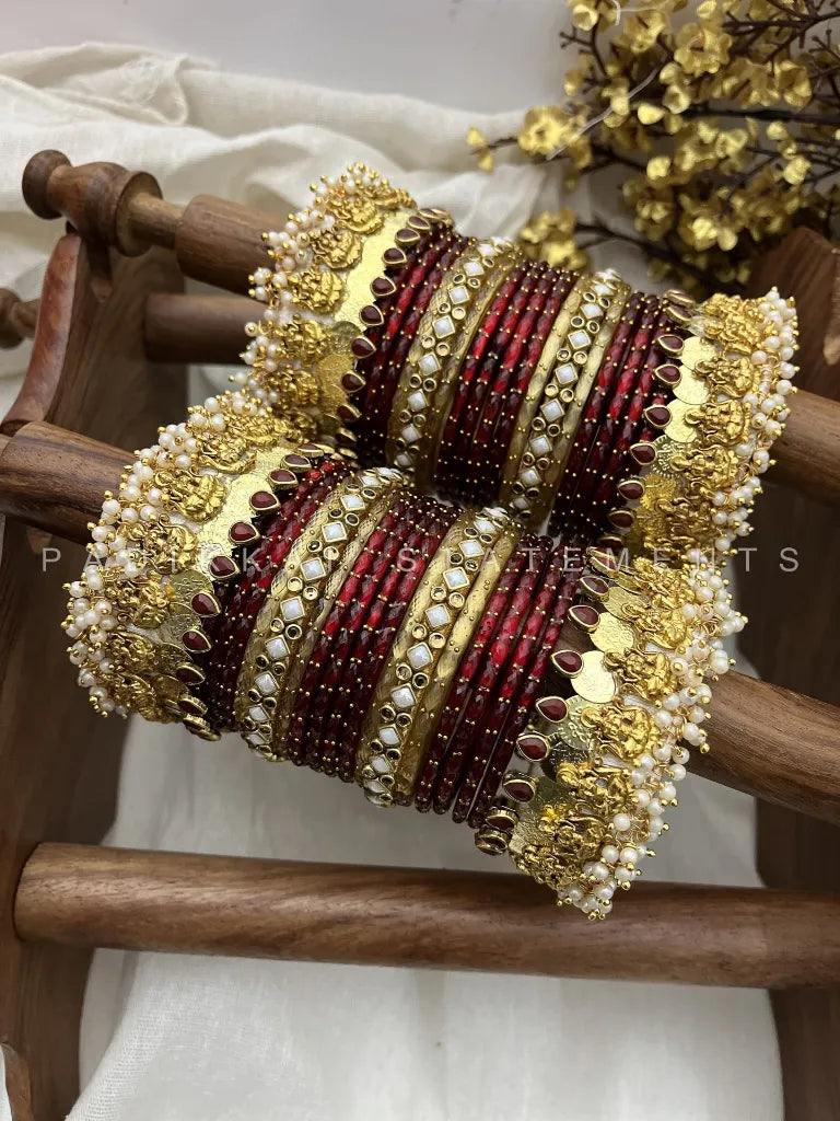 Vaibhavam Lakshmi Bridal Kundan Bangle Set – Maroon, Pearl White & Antique Gold – image 2