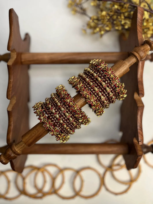 Kumkum Lotus Kundan Bangle Set | Maroon
