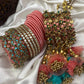 Leela Mayura Latkan Kundan Bangle Set – Rose Pink, Turquoise Blue and Antique Gold – image 3