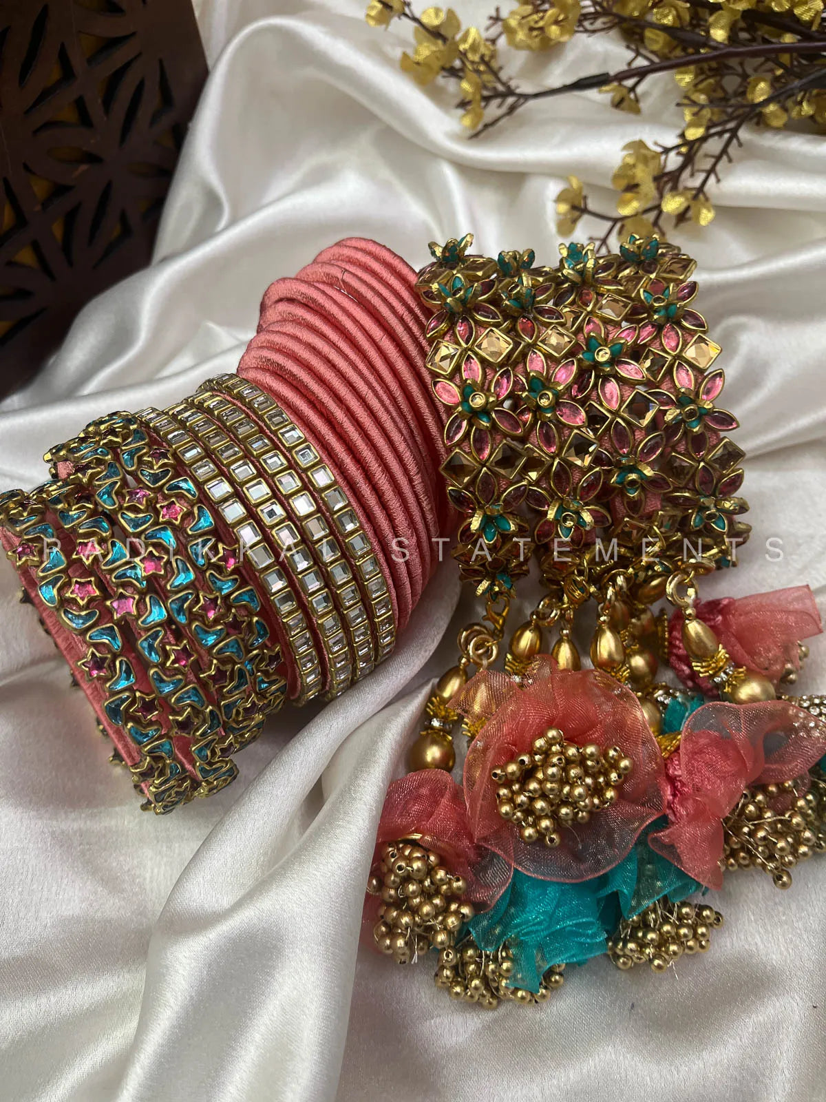 Leela Mayura Latkan Kundan Bangle Set – Rose Pink, Turquoise Blue and Antique Gold – image 3