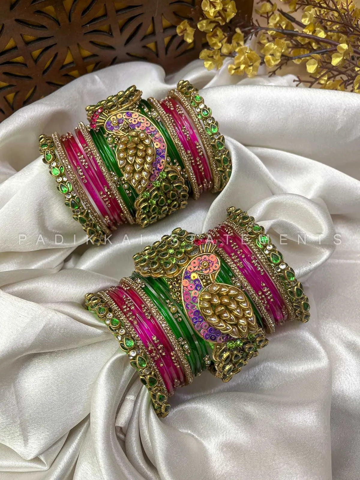 Pakshiraj Peacock Kundan Bangles – Parrot Green, Rani Pink & Gold – image 2