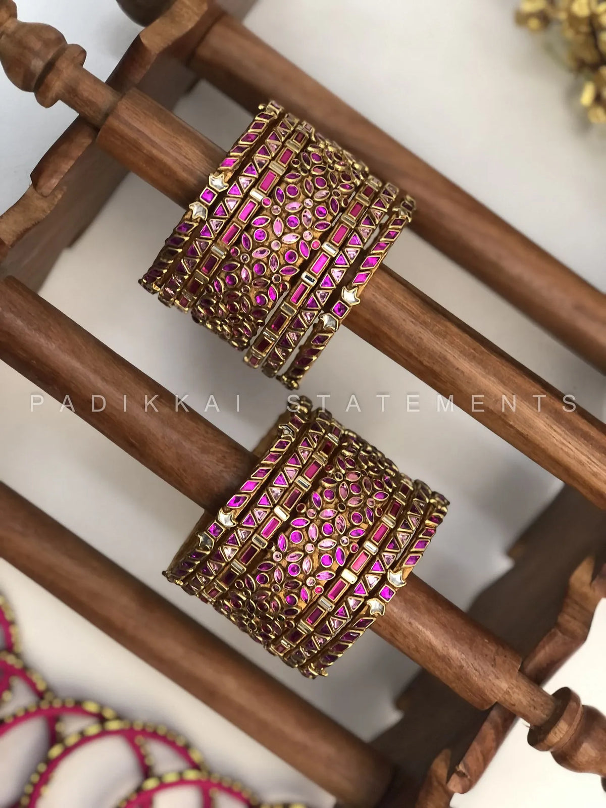 Mrinalini Festive Kundan Bangles – Rani Pink, Baby Pink and Gold – image 2
