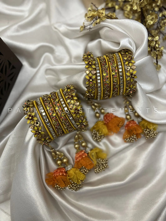 Aarohi Malar Festive Kundan Bangle Set – Saffron Yellow, Orange & Antique Gold – image 3