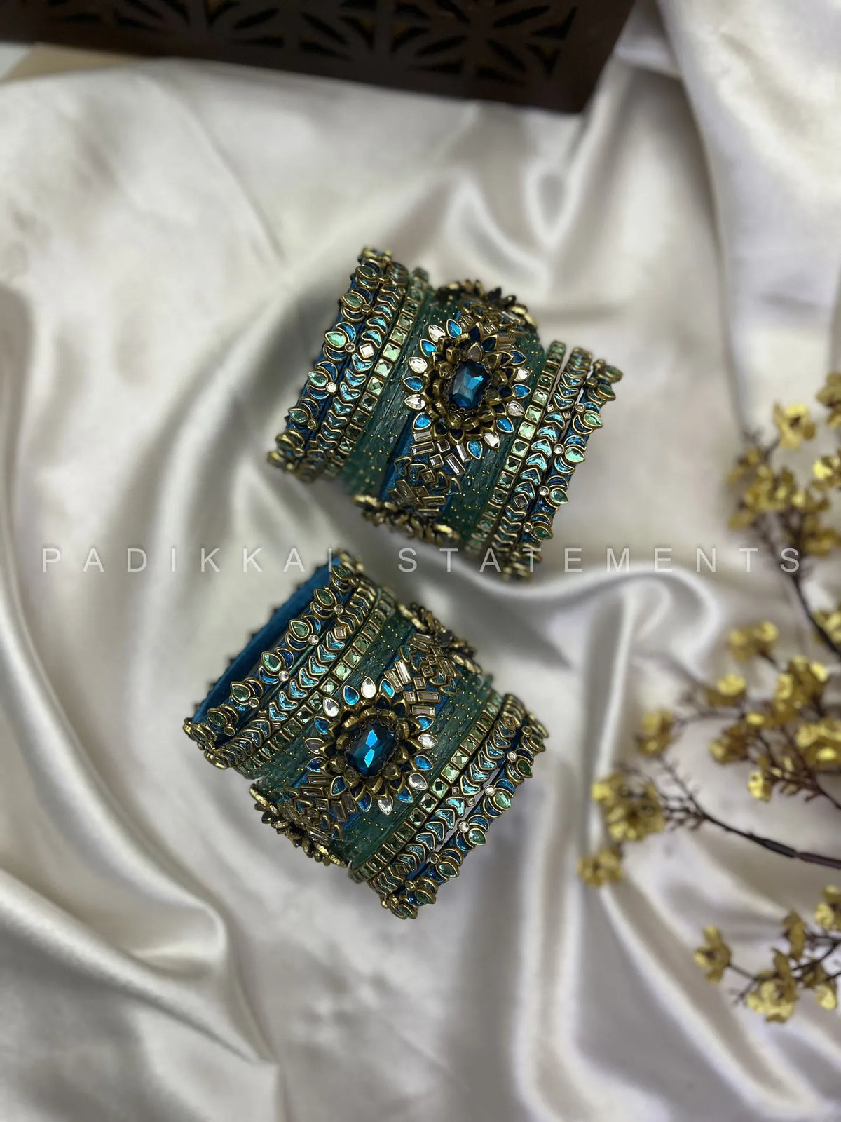 Chola Neelam Lotus Crown Kundan Bangles – Peacock Blue, Sea Green and Mint Green – image 2