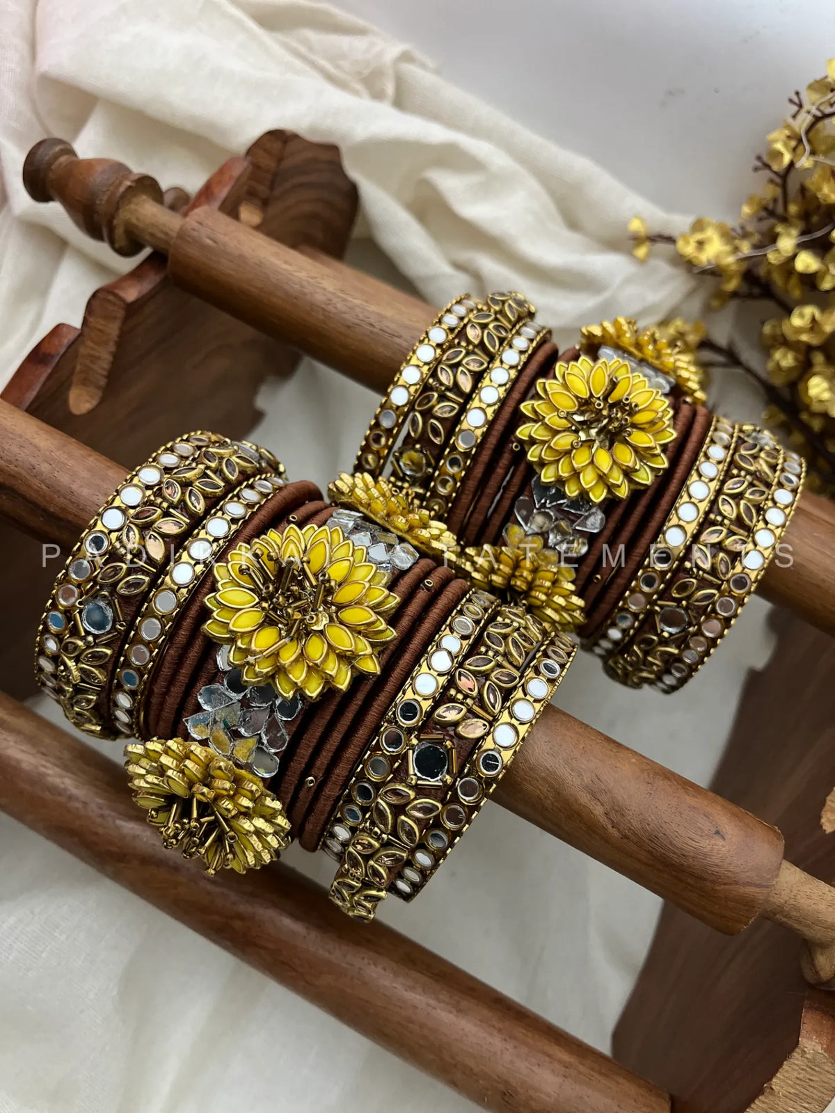 Sunflora Bloom Bridal Kundan Bangle Set – Yellow, Cocoa Brown & Antique Gold