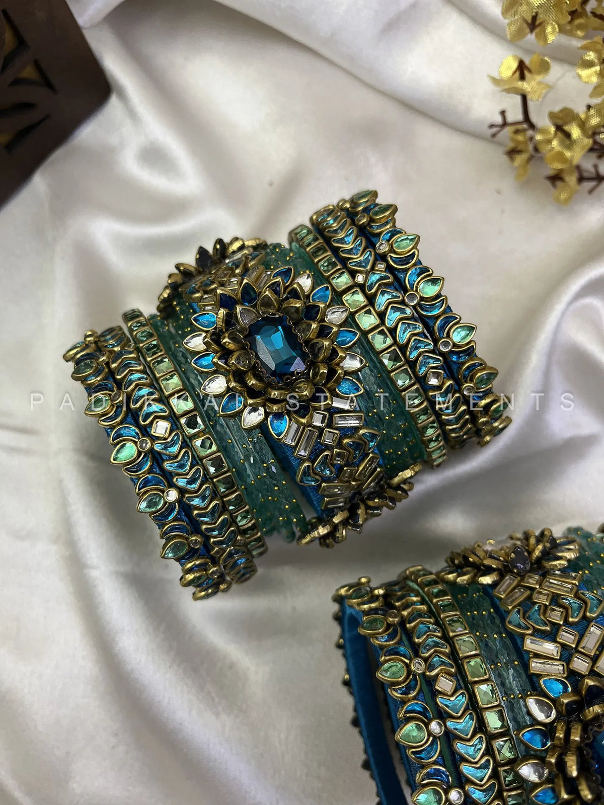 Chola Neelam Lotus Crown Kundan Bangles – Peacock Blue, Sea Green and Mint Green – image 3