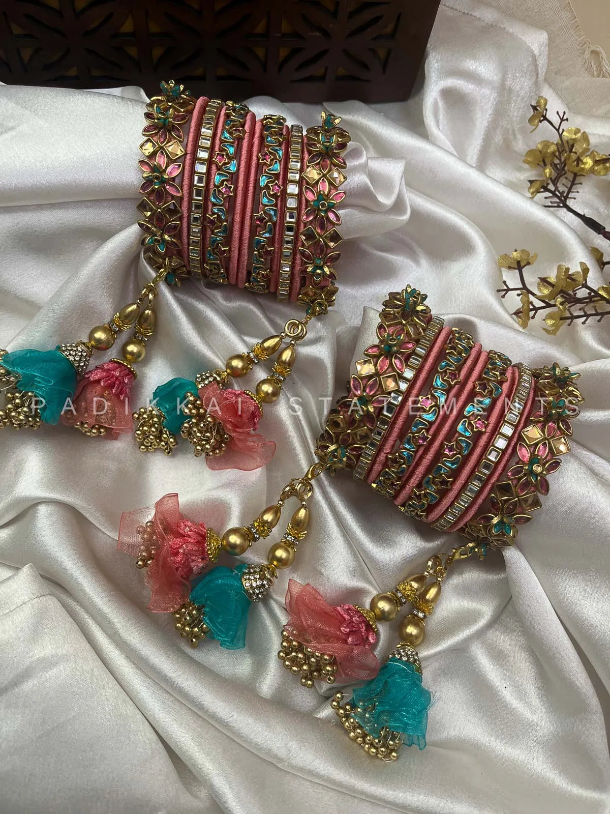 Leela Mayura Latkan Kundan Bangle Set – Rose Pink, Turquoise Blue and Antique Gold