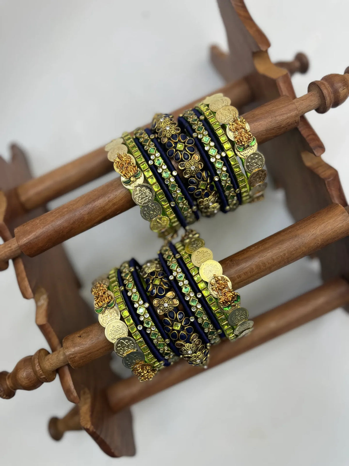 Lakshmi Green Kundan Bangles for Bride |  Deep Blue and Olive Green