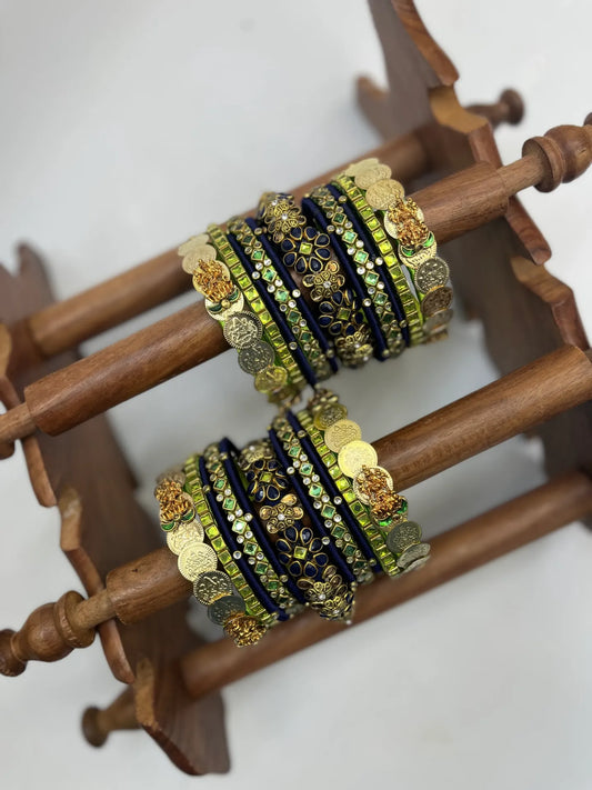 Lakshmi Green Kundan Bangles for Bride |  Deep Blue and Olive Green