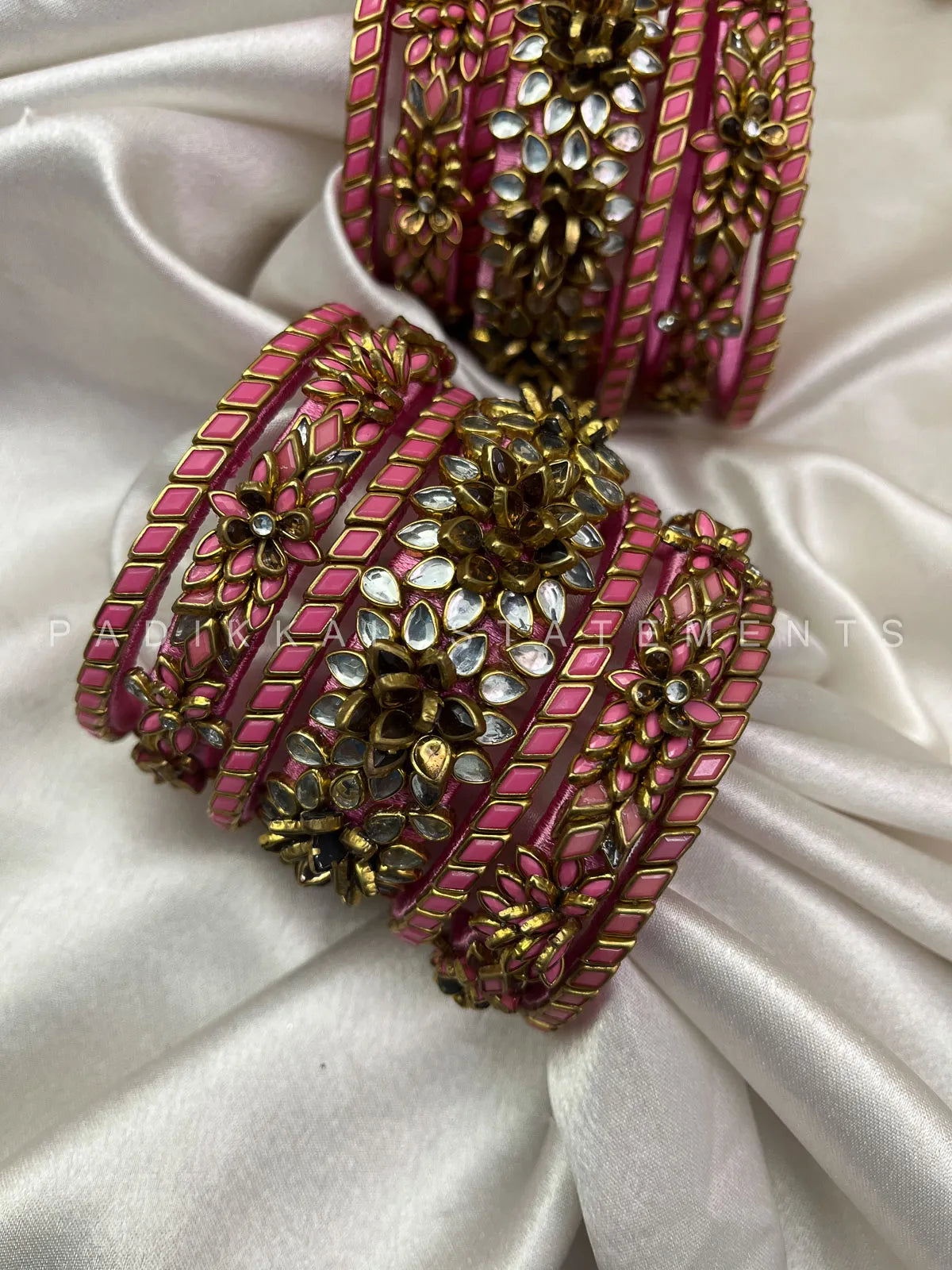 Orchid Malar Kundan Bangles – Rose Pink, Light Pink and Gold – image 2