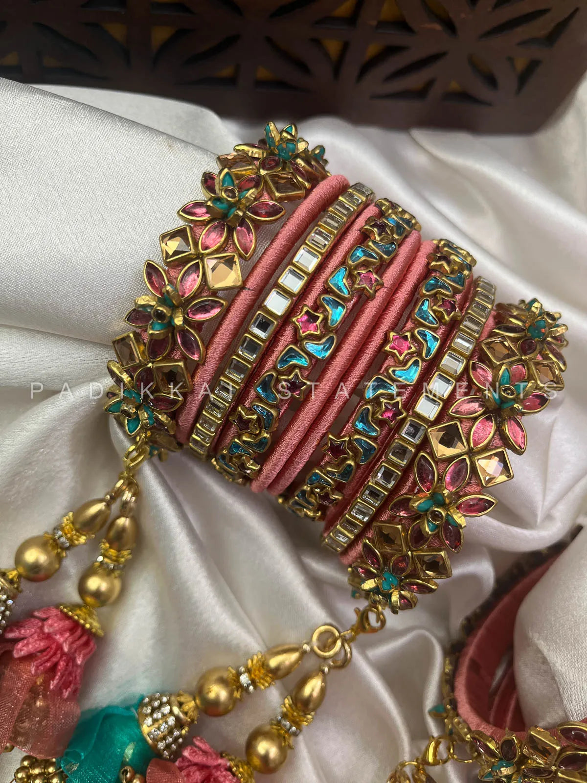 Leela Mayura Latkan Kundan Bangle Set – Rose Pink, Turquoise Blue and Antique Gold – image 7
