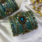 Chola Neelam Lotus Crown Kundan Bangles – Peacock Blue, Sea Green and Mint Green