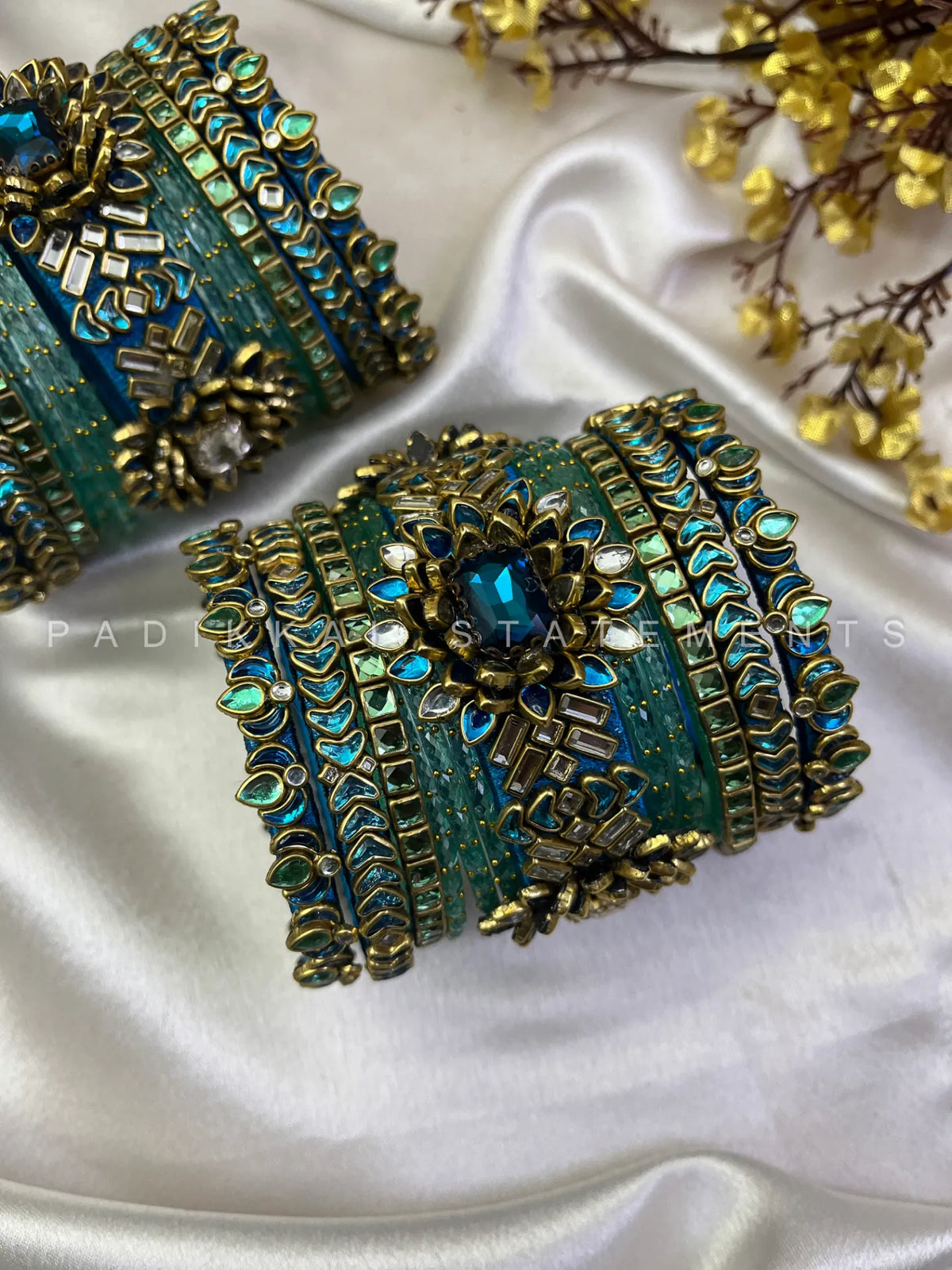 Chola Neelam Lotus Crown Kundan Bangles – Peacock Blue, Sea Green and Mint Green