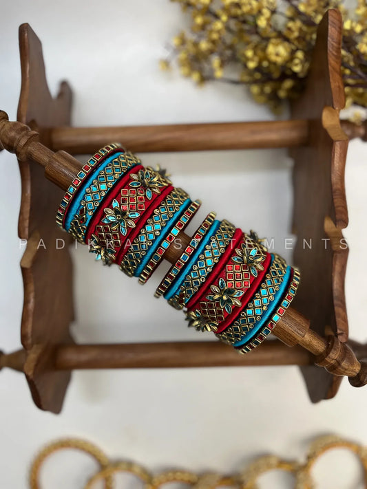 Aaral Pushpa Kundan Bangle Set – Sky Blue, Ruby Red & Antique Gold