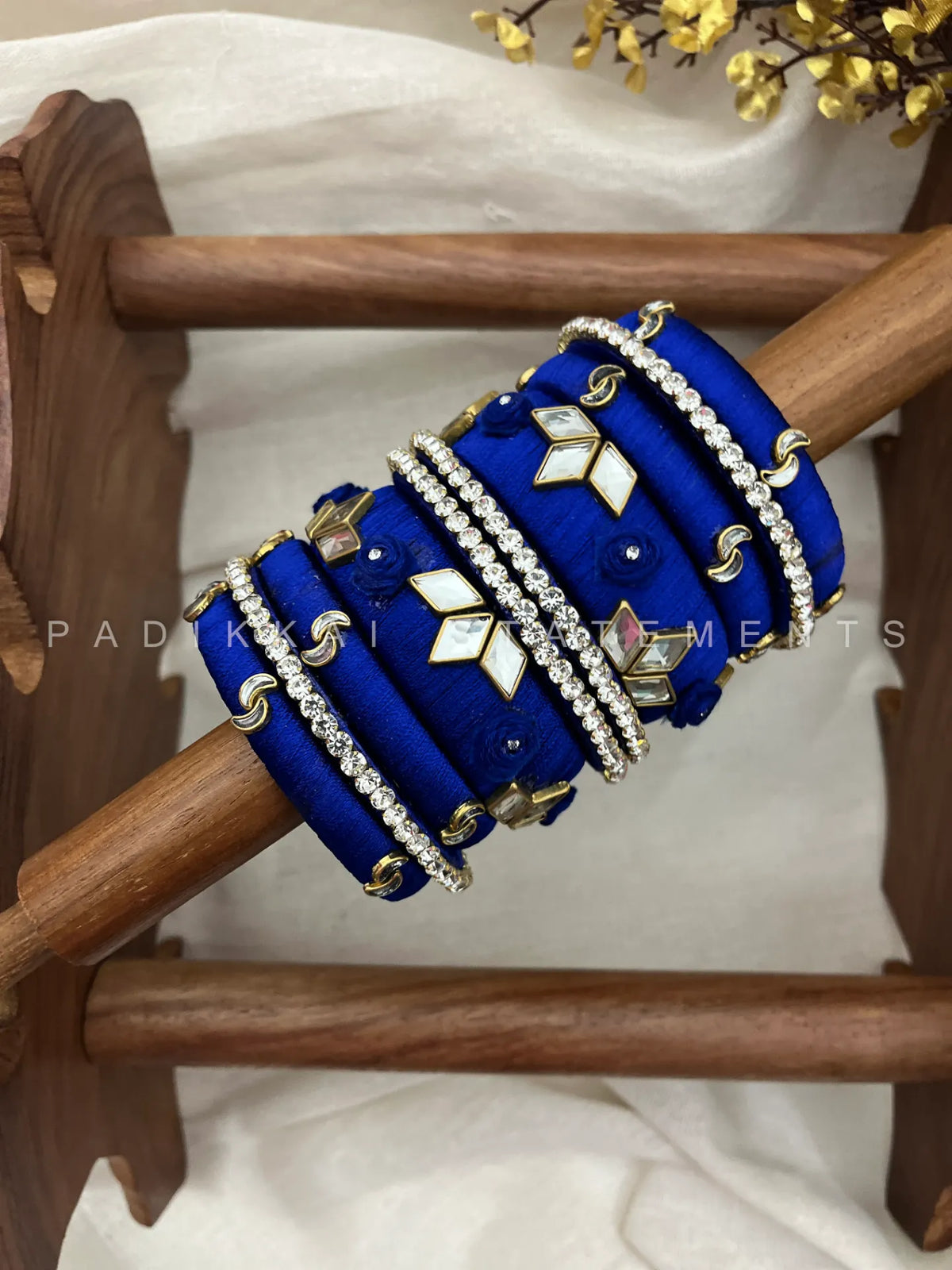 Neelam Glint Kundan Bangle Stack – Navy Blue & White