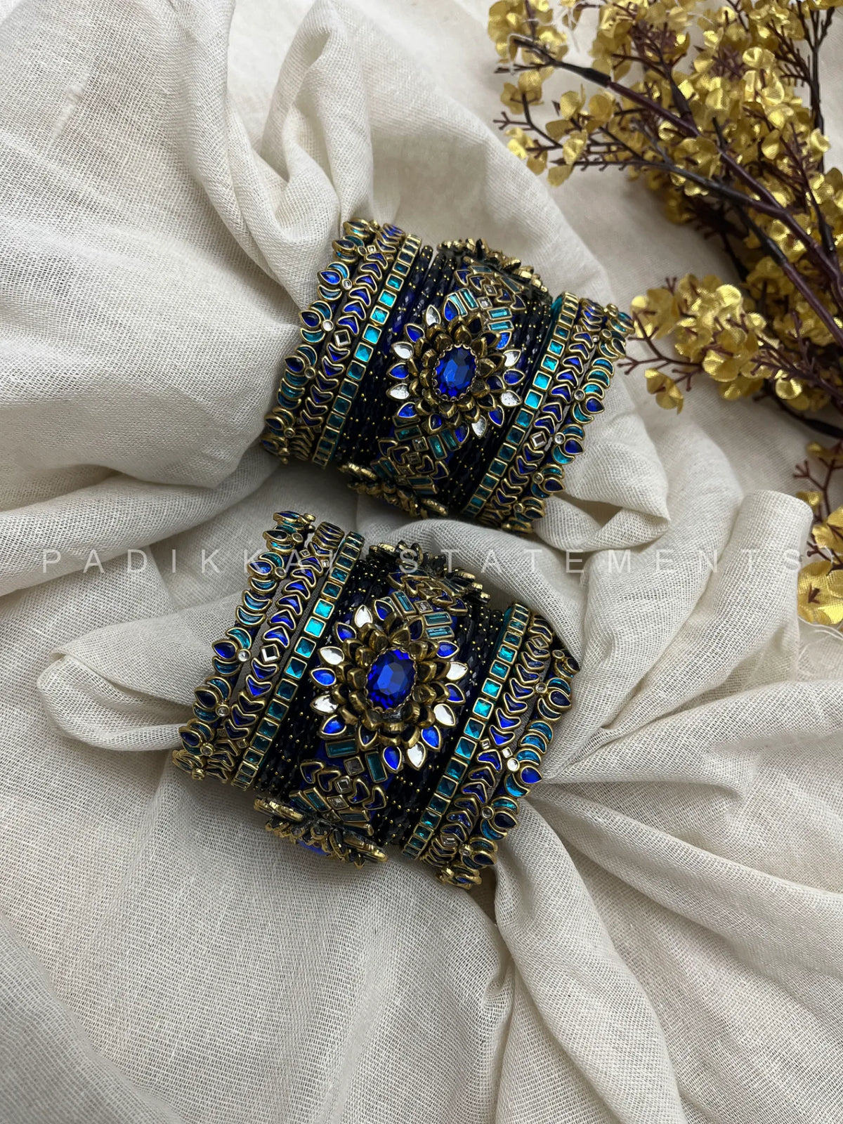 Chola Neelam Lotus Crown Kundan Bangles – Royal Blue and Peacock Blue