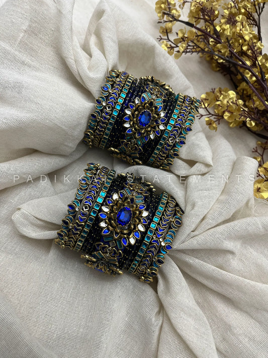 Chola Neelam Lotus Crown Kundan Bangles – Royal Blue and Peacock Blue