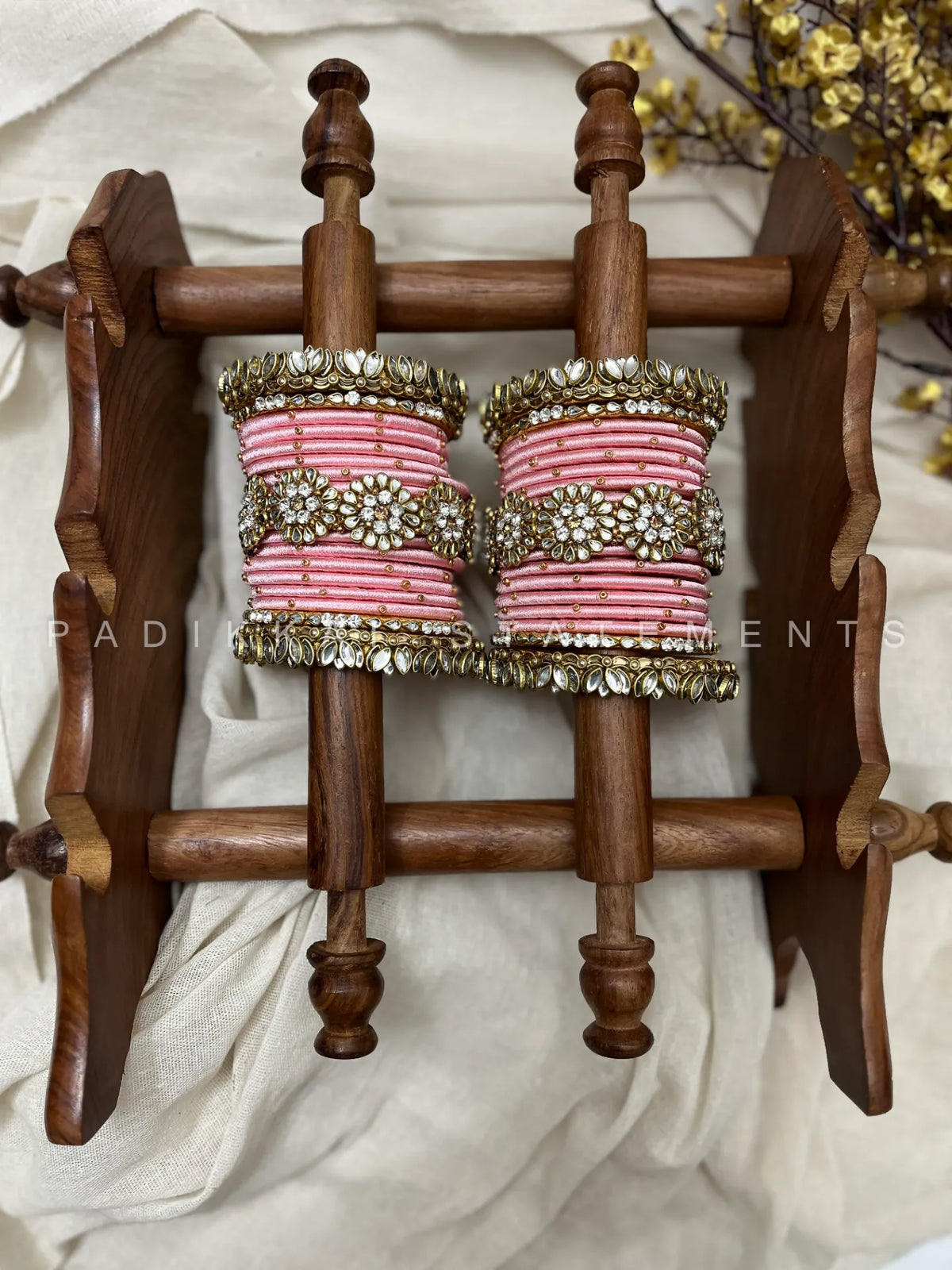 Madhurima Pushpa Kundan Bangle Set – Pastel Pink, Mirror White & Antique Gold