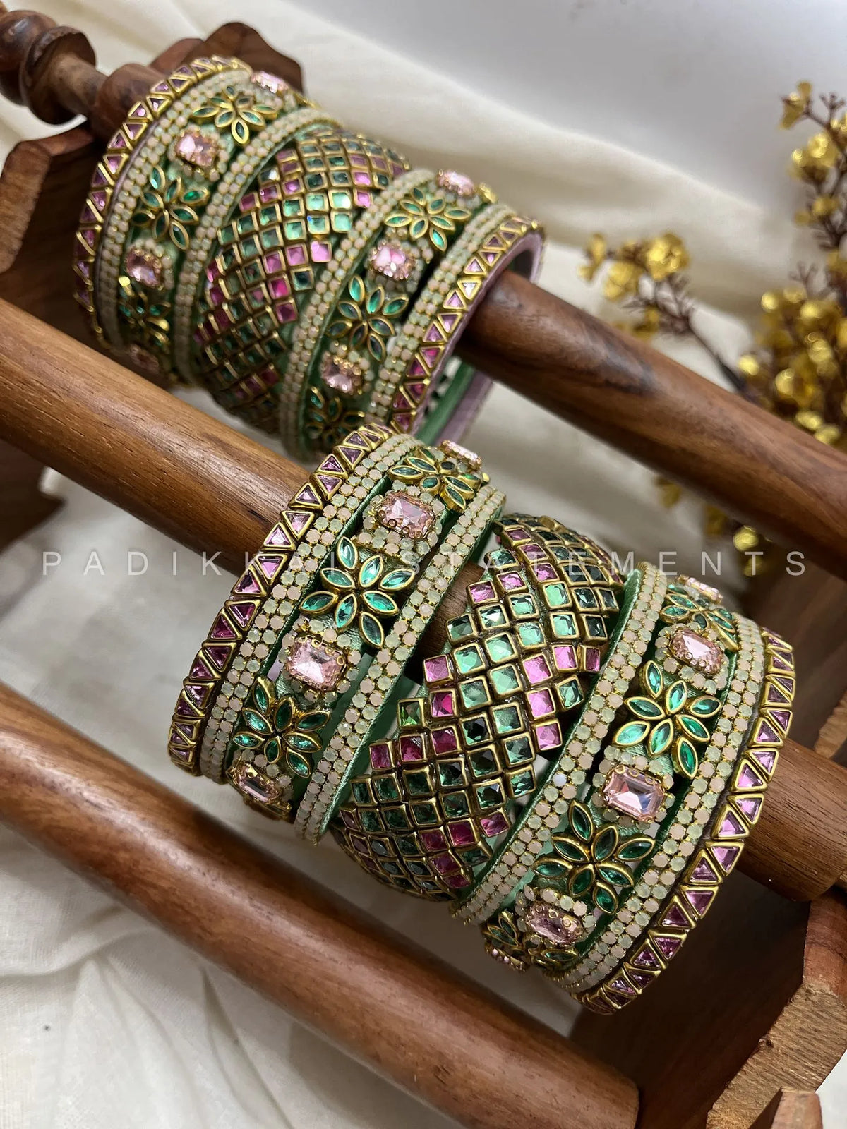 Aurora Pastel Kundan Bangles – Sage Green and Pastel Pink – image 2