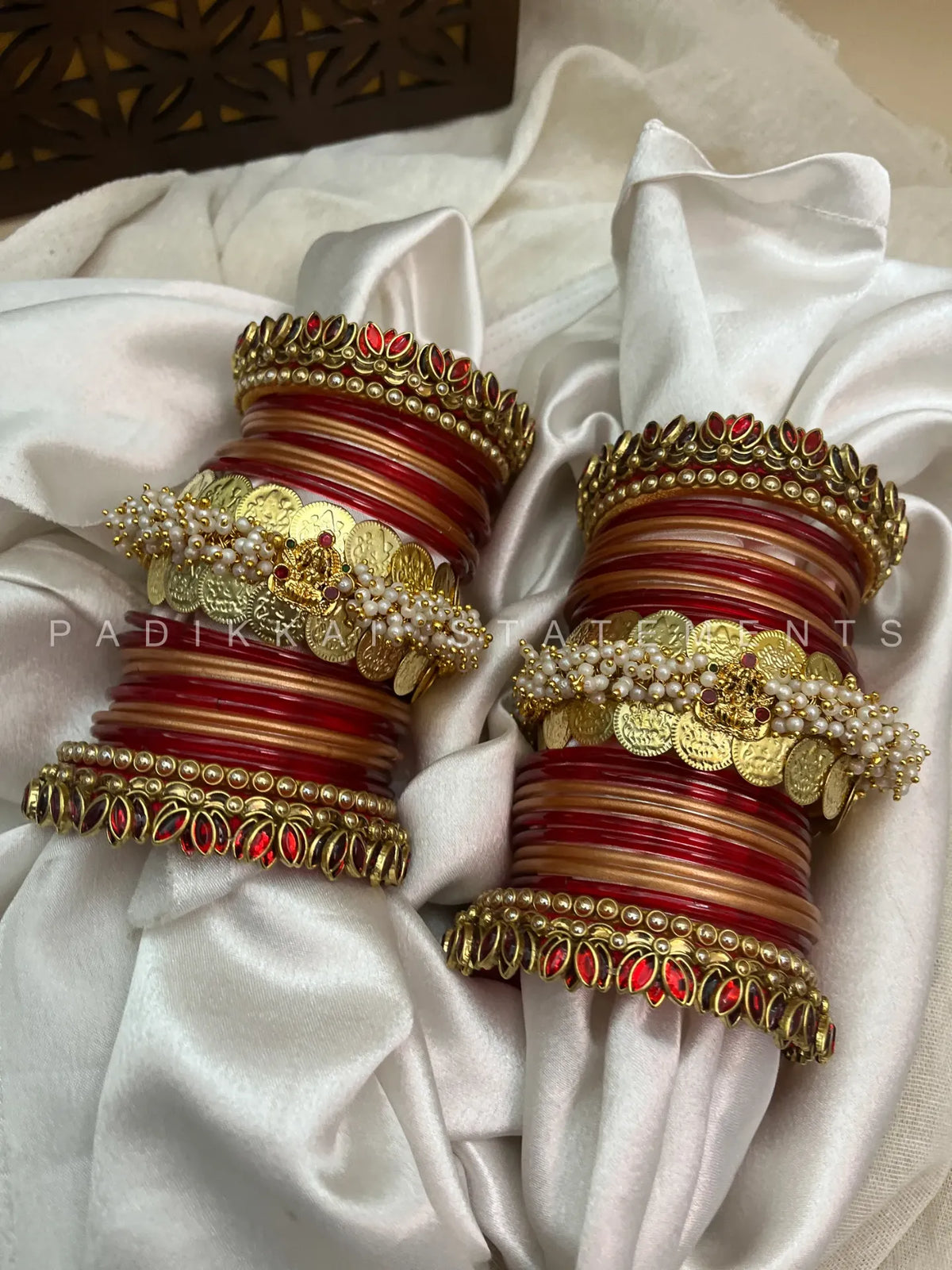 Varnika Lotus Coin Bridal Kundan Bangle Set – Ruby Red, Copper Gold & Antique Gold